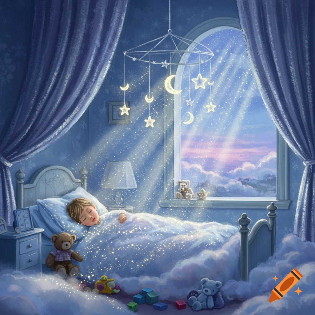 A child sleeps peacefully in a magical, star-filled bedroom with a window looking out to a sunset sky. Illustrated.