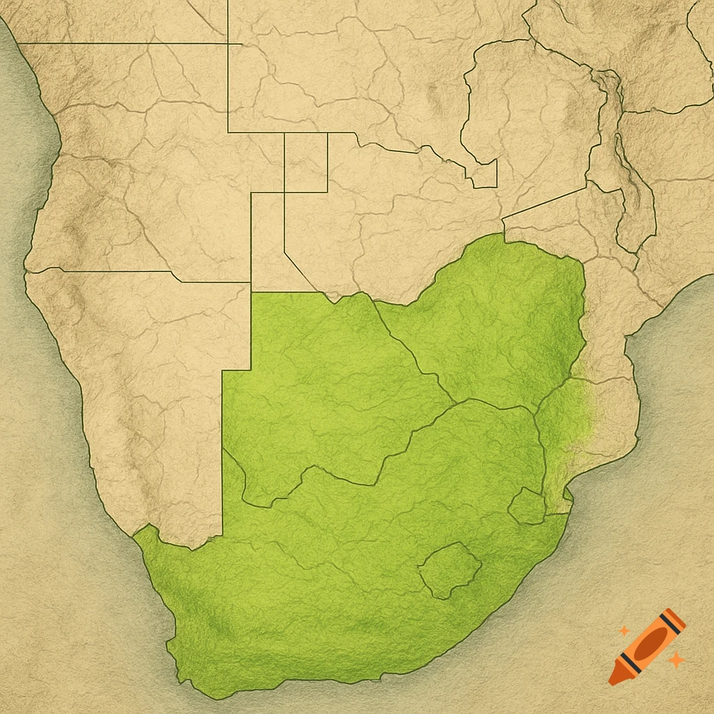 A detailed map of Southern Africa with national borders, highlighting the veld biome in green on a textured parchment background.