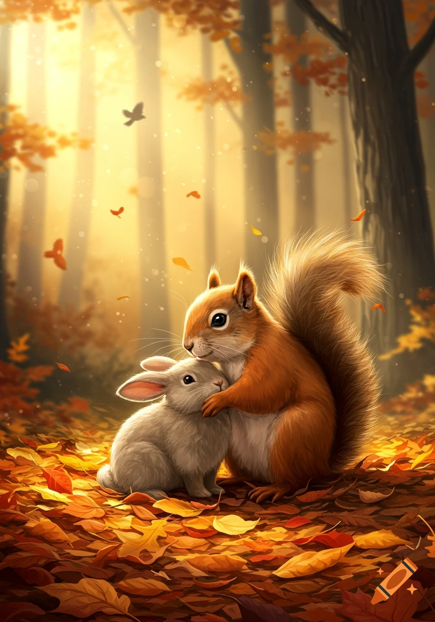 A cute red squirrel gently hugs a fluffy white bunny in a warm, golden autumn forest with falling leaves.
