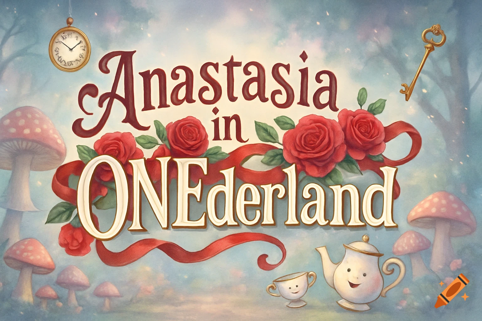 Whimsical banner reading 'Anastasia in ONEderland' with red roses, mushrooms, clock, key, and smiling teapot and teacup in a dreamy forest.