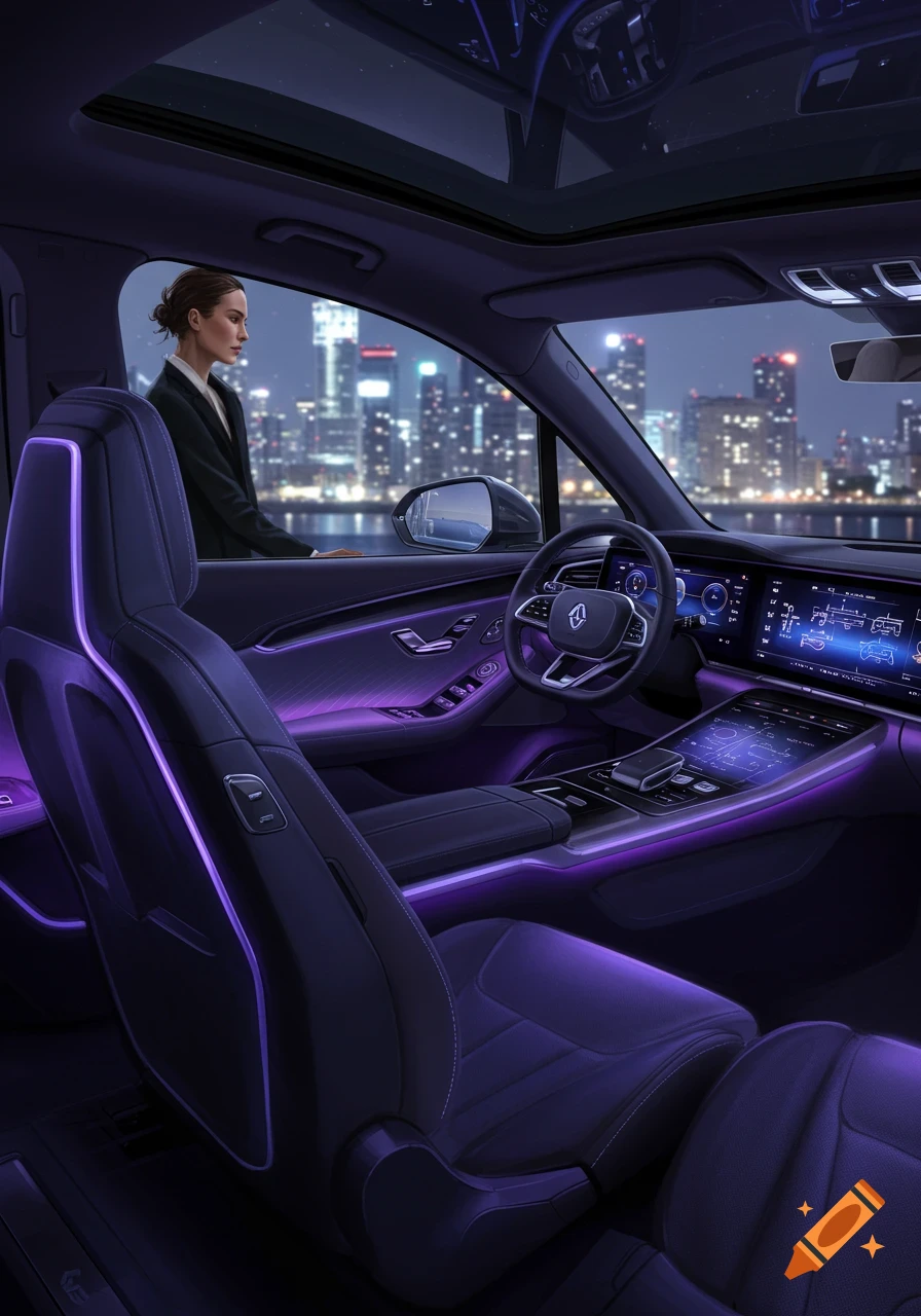 A woman in a suit looks out from a luxurious car with purple ambient lighting at a city skyline at night.
