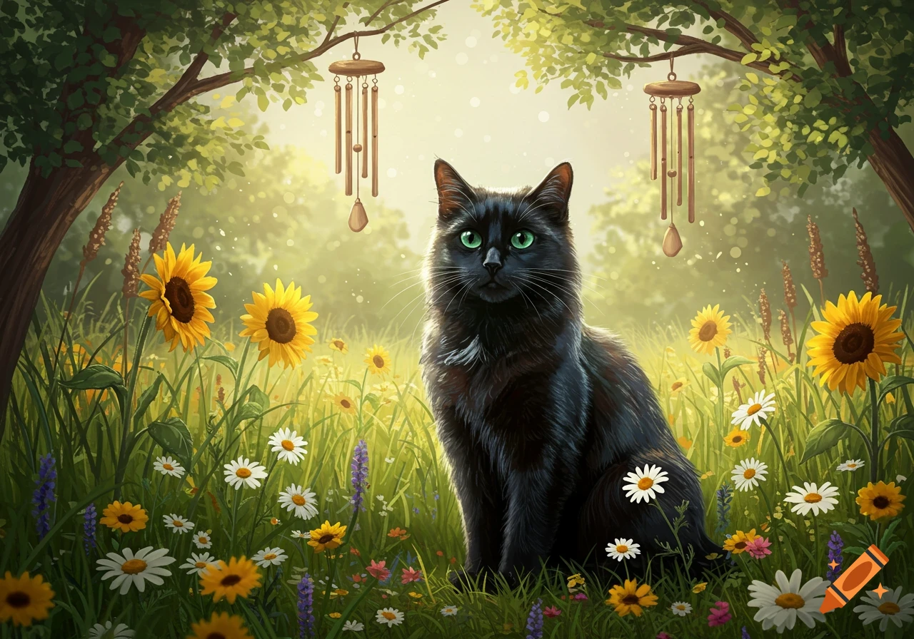 A black cat with green eyes sits in a sunlit meadow of sunflowers, daisies, and green grass beneath trees with wind chimes. Illustration.