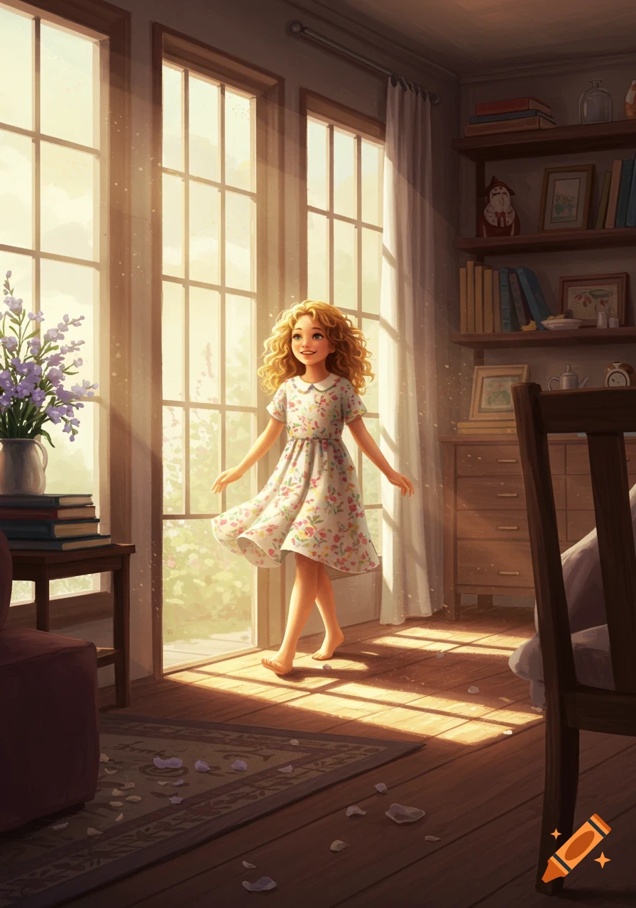 A happy young girl with curly blonde hair in a floral dress walks barefoot in a sunlit room by large windows, digital illustration.