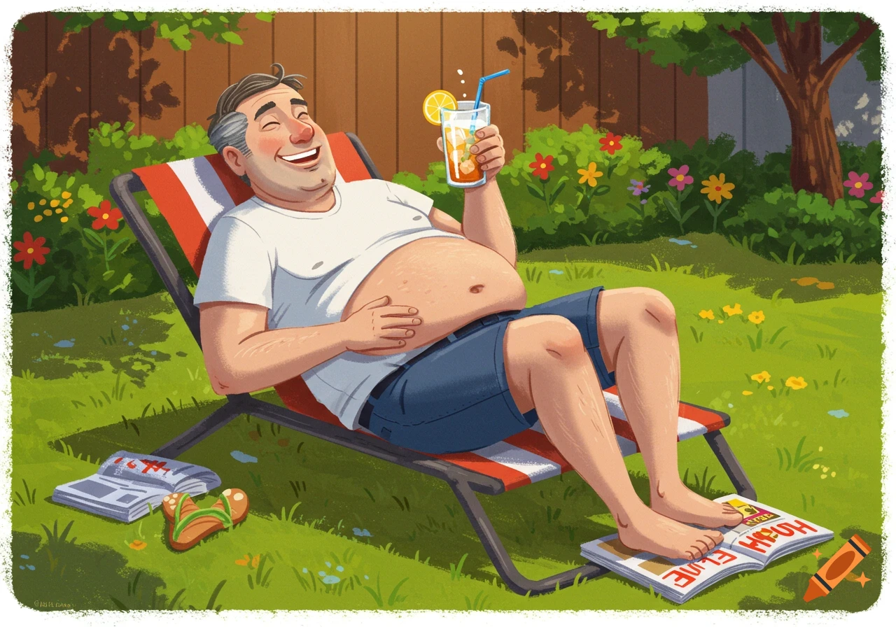 Cartoon dad with a belly relaxing on a red and white sunbed in a sunny garden, holding a drink with a lemon slice.