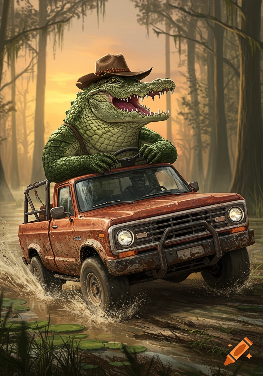 A cartoon alligator in a cowboy hat drives a rusty red pickup truck through a muddy swamp at sunset.