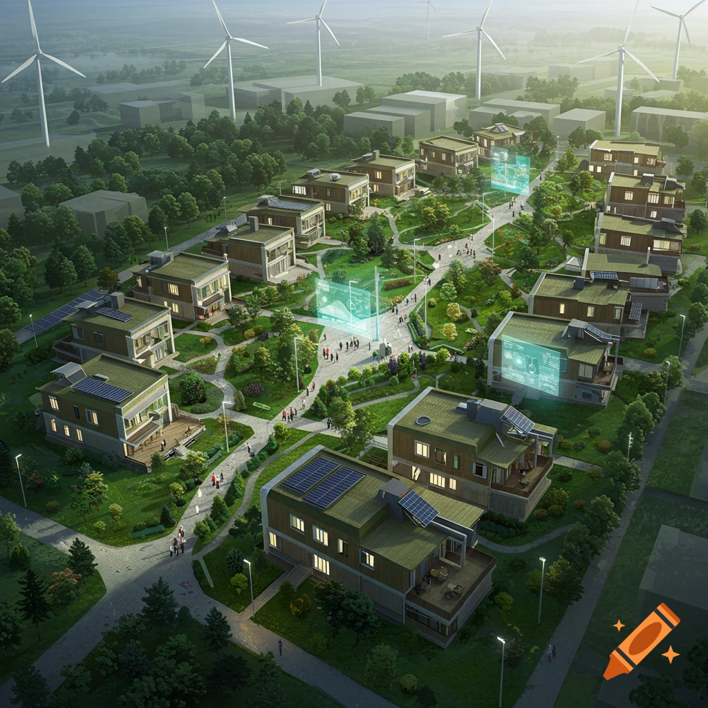 Aerial view of a futuristic green housing complex with solar panels, wind turbines, and holographic displays amidst green spaces.