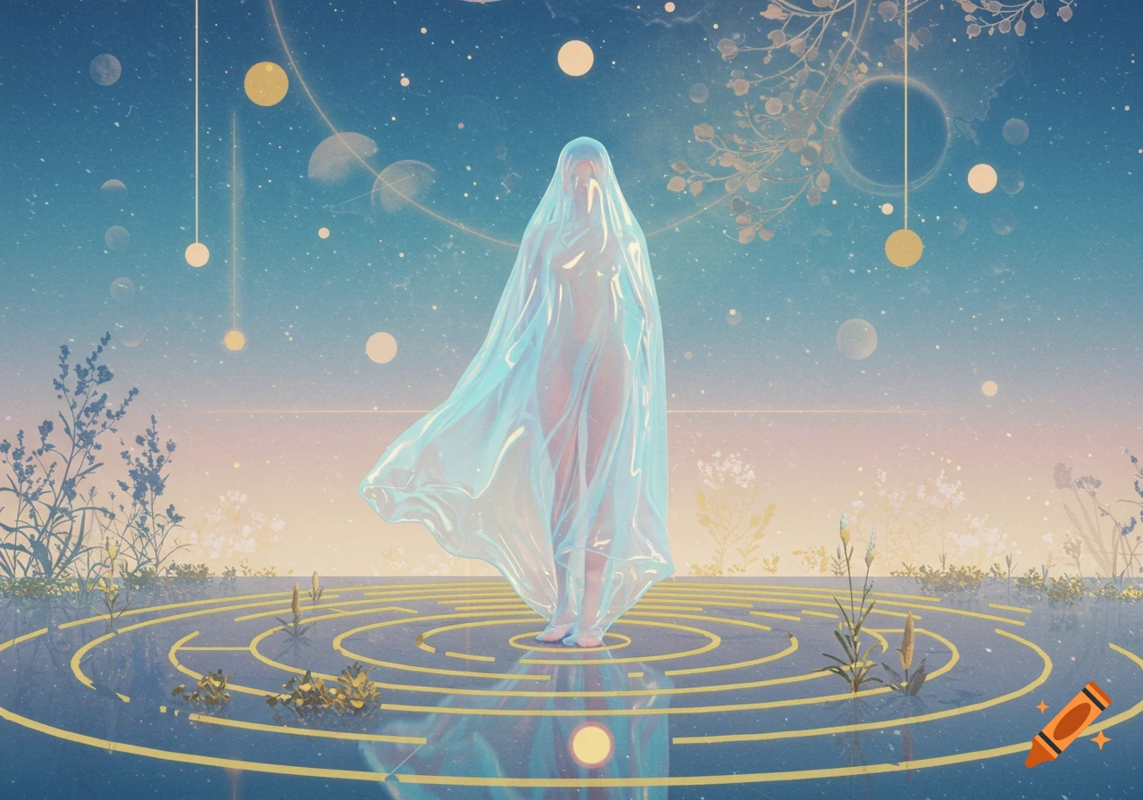 Ethereal figure in a translucent veil on a circular labyrinth in water, under a starry twilight sky with floating orbs and plants. Digital art.