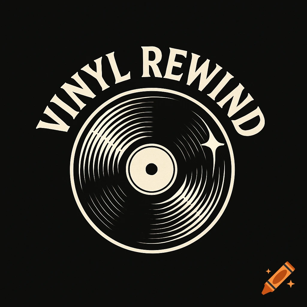 A graphic logo featuring a white vinyl record with the text 'VINYL REWIND' above it on a black background.