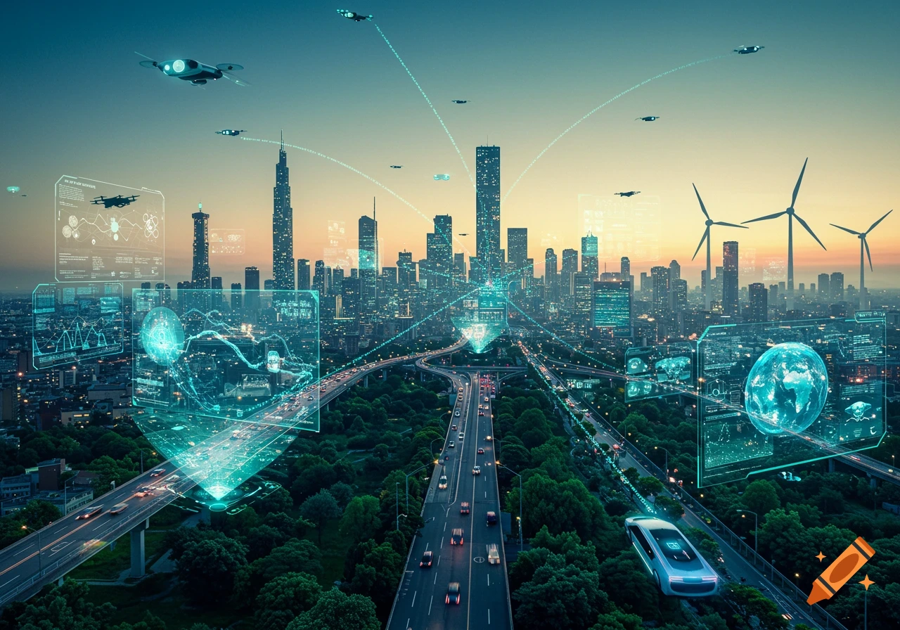 Futuristic city with skyscrapers, highways, wind turbines, flying drones, a hovercar, and glowing holographic data interfaces.