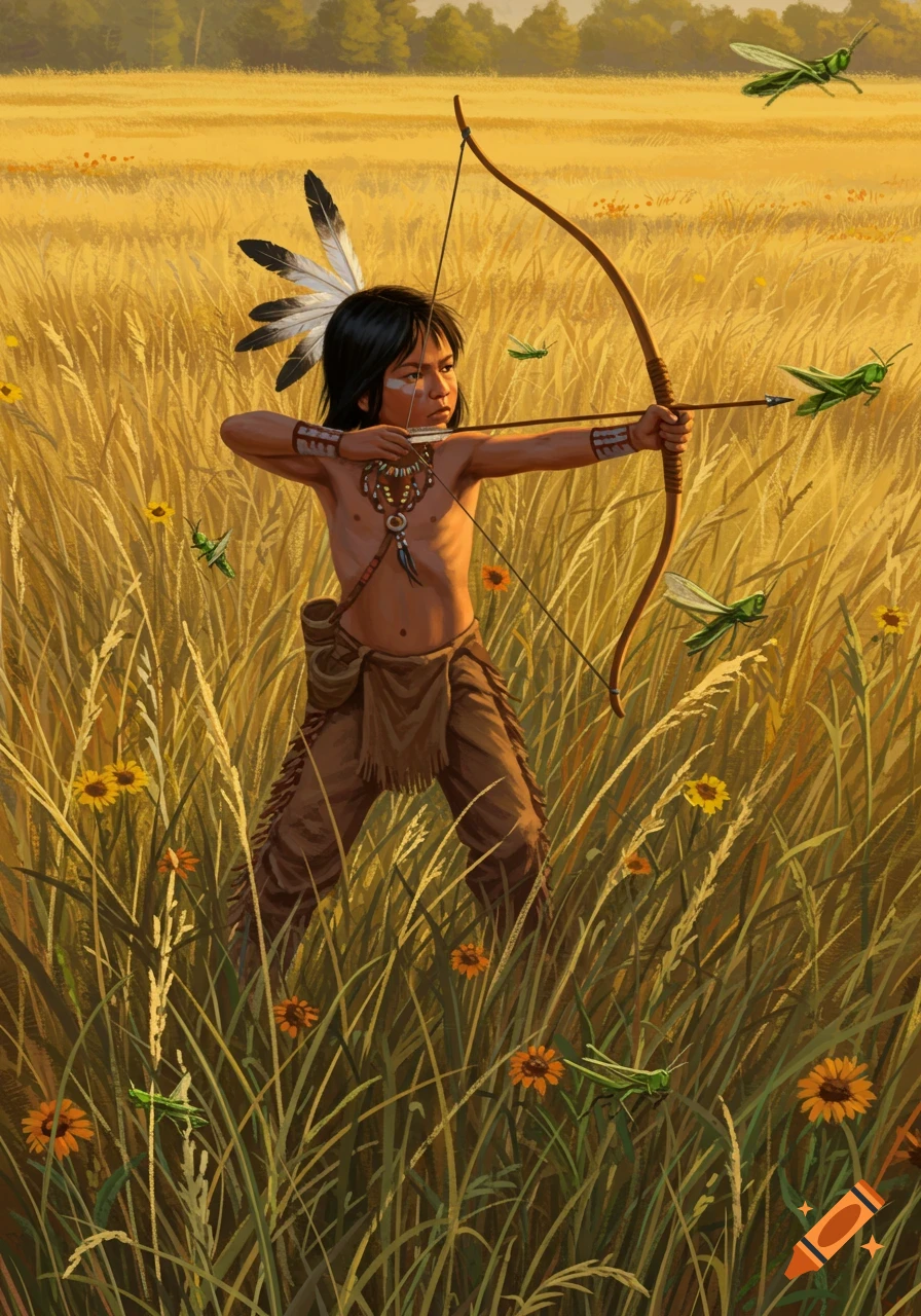 Illustration of a young Native American boy aiming a bow at grasshoppers in a tall, golden grass field.