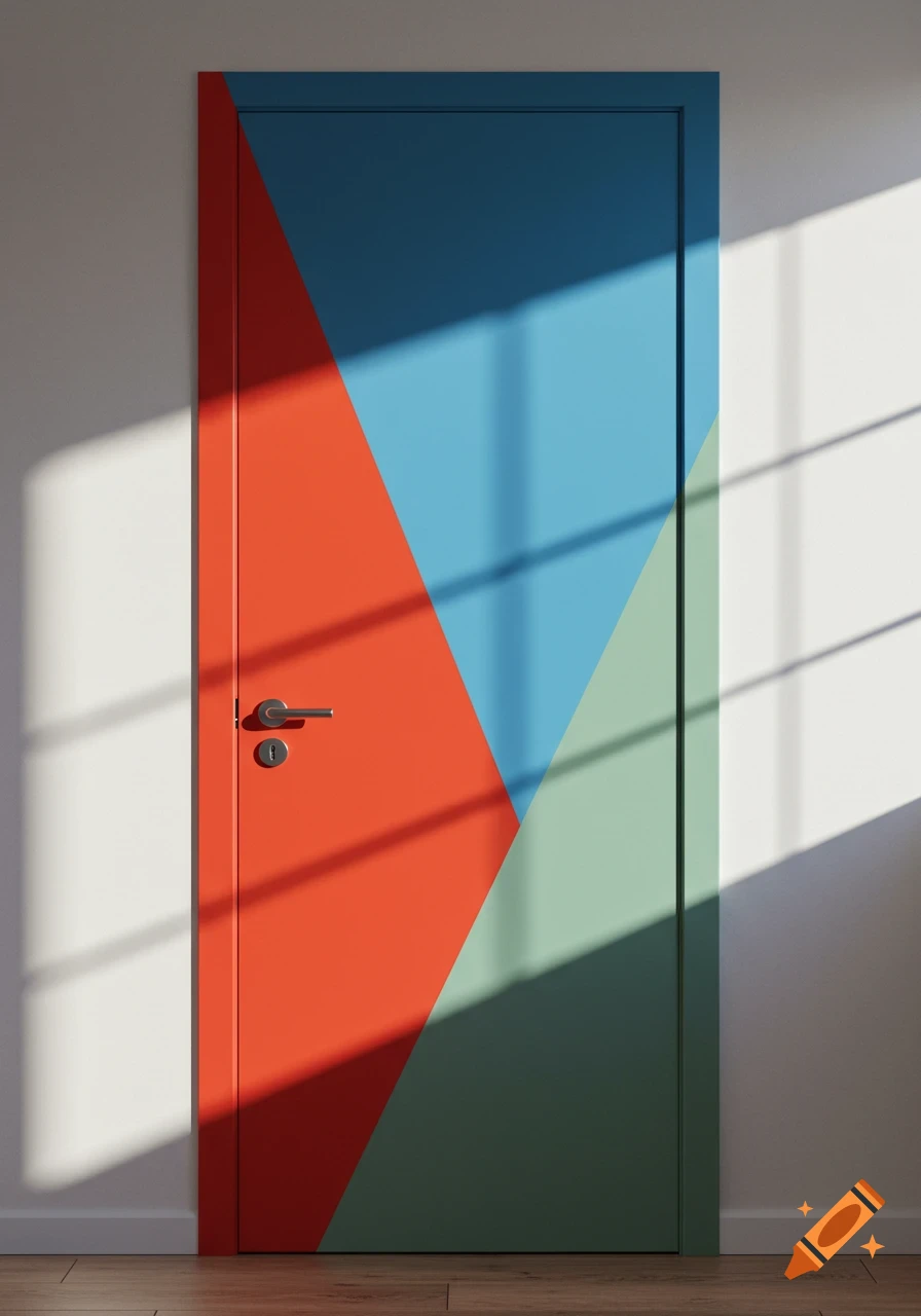 A modern door with red, blue, and green geometric paint designs, illuminated by window shadows on a white wall and wooden floor.