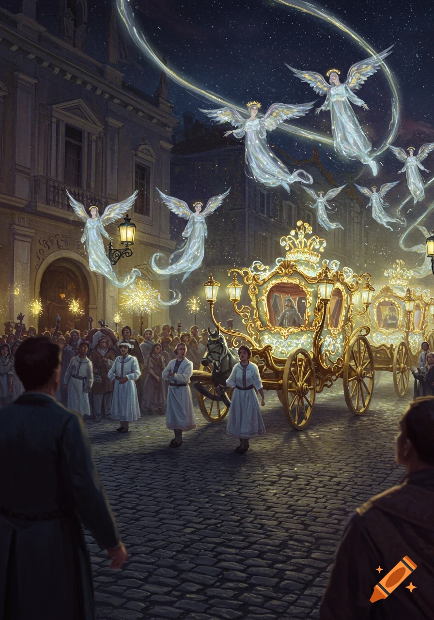 A fantastical night parade with a golden baroque carriage, luminous flying angels, and a crowd of people in an old-world city street.