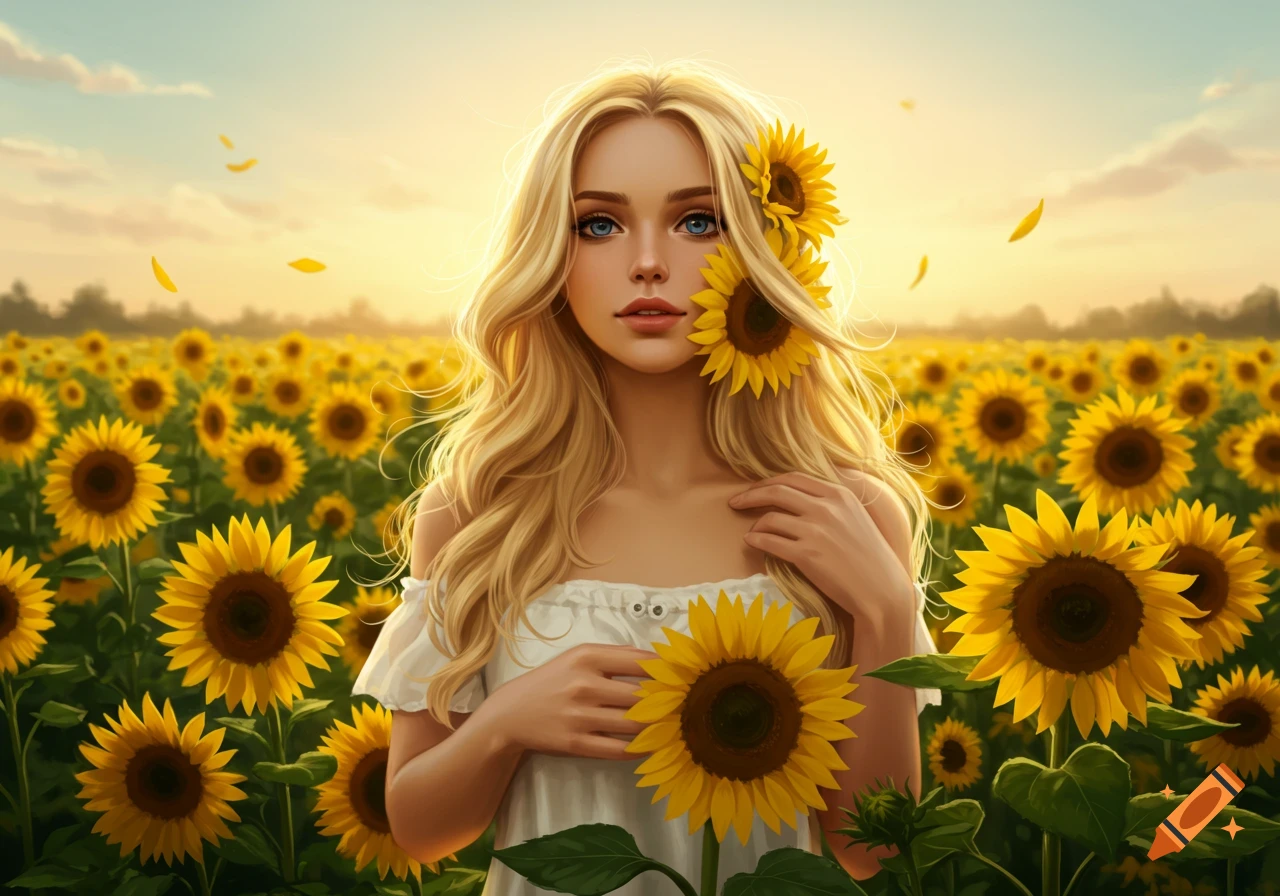A blonde woman with blue eyes stands in a field of sunflowers at sunset, sunflowers in her hair and hands. Stylized digital art.