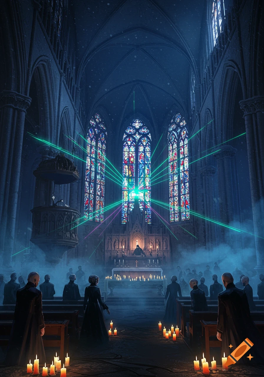A gothic church interior illuminated by green lasers and candles, with a DJ at the altar and people attending a dark, atmospheric rave.