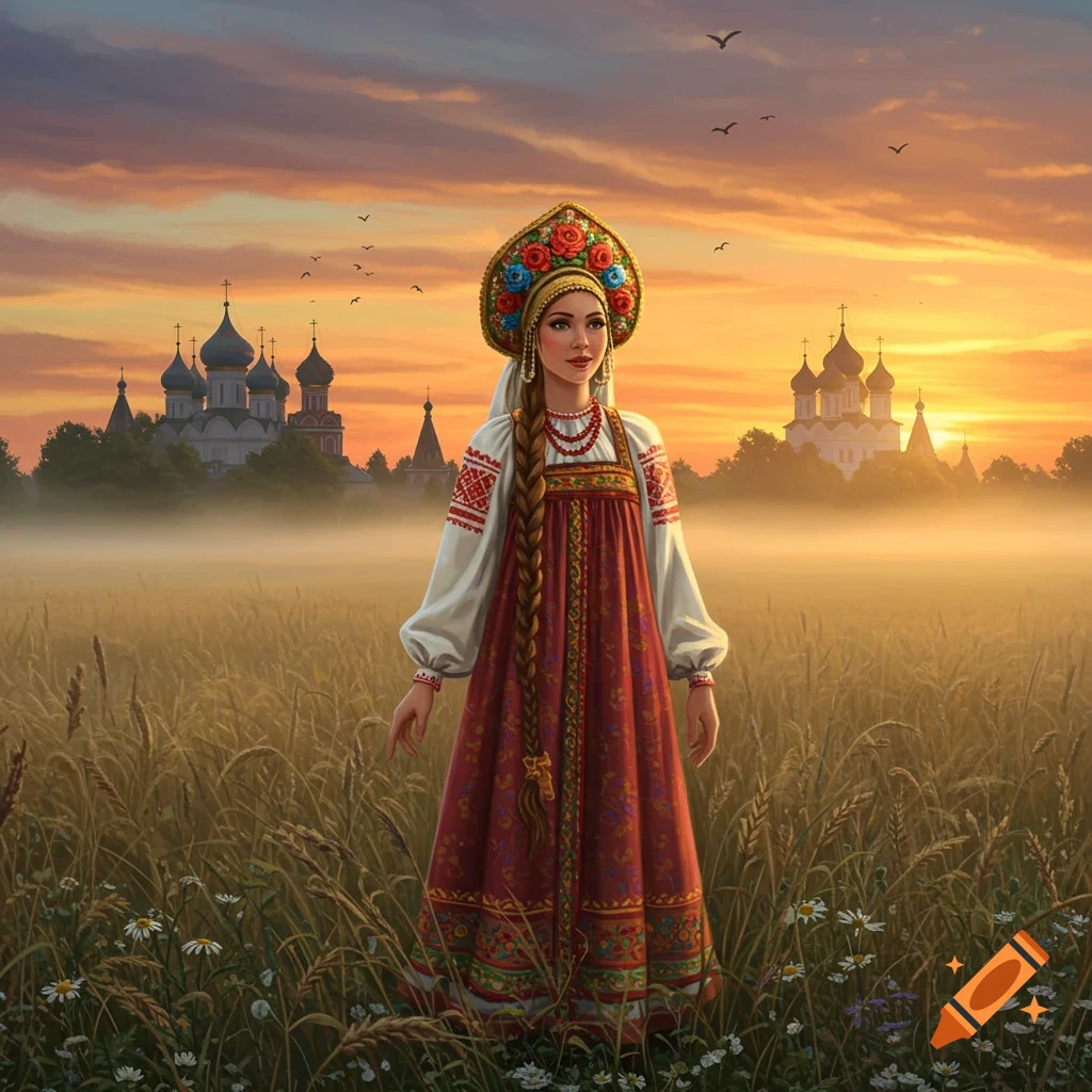 A young woman in a vibrant traditional Russian folk dress and kokoshnik stands in a sunlit wheat field with churches at sunset.