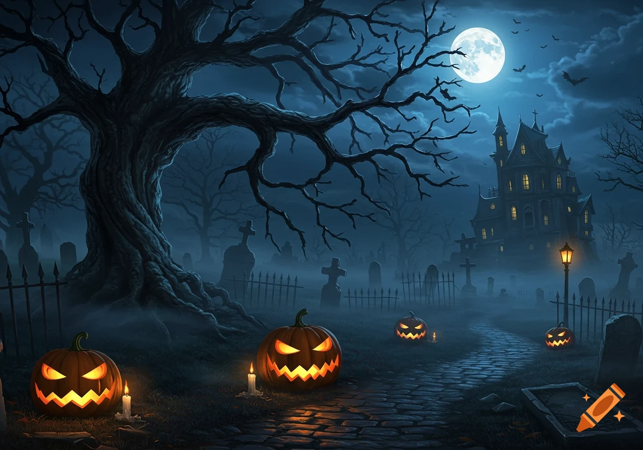 Spooky Halloween night with jack-o'-lanterns, a twisted tree, and a haunted mansion in a foggy graveyard under a full moon.