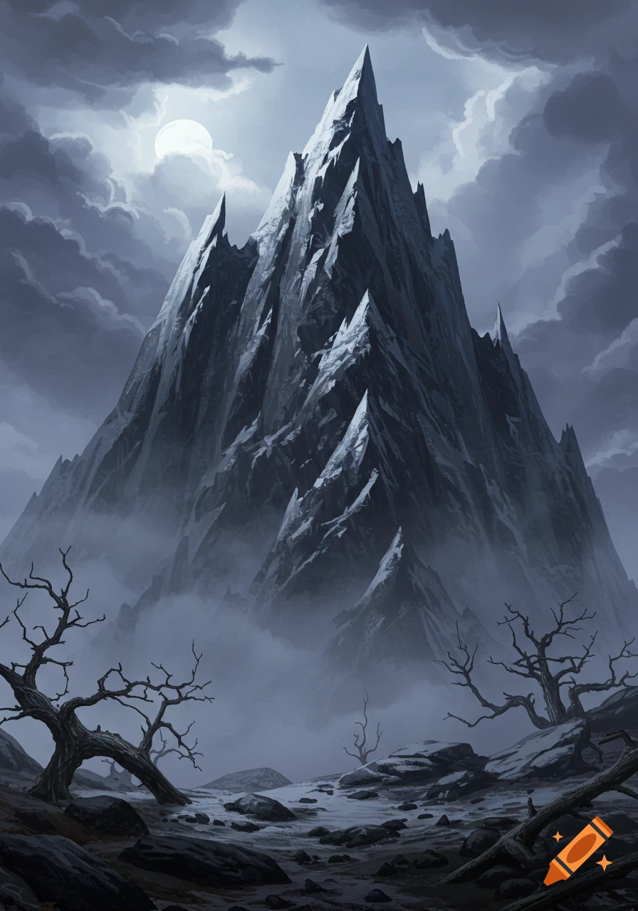 A jagged, dark mountain under a pale moon with gloomy clouds and barren trees, in a fantasy art style.