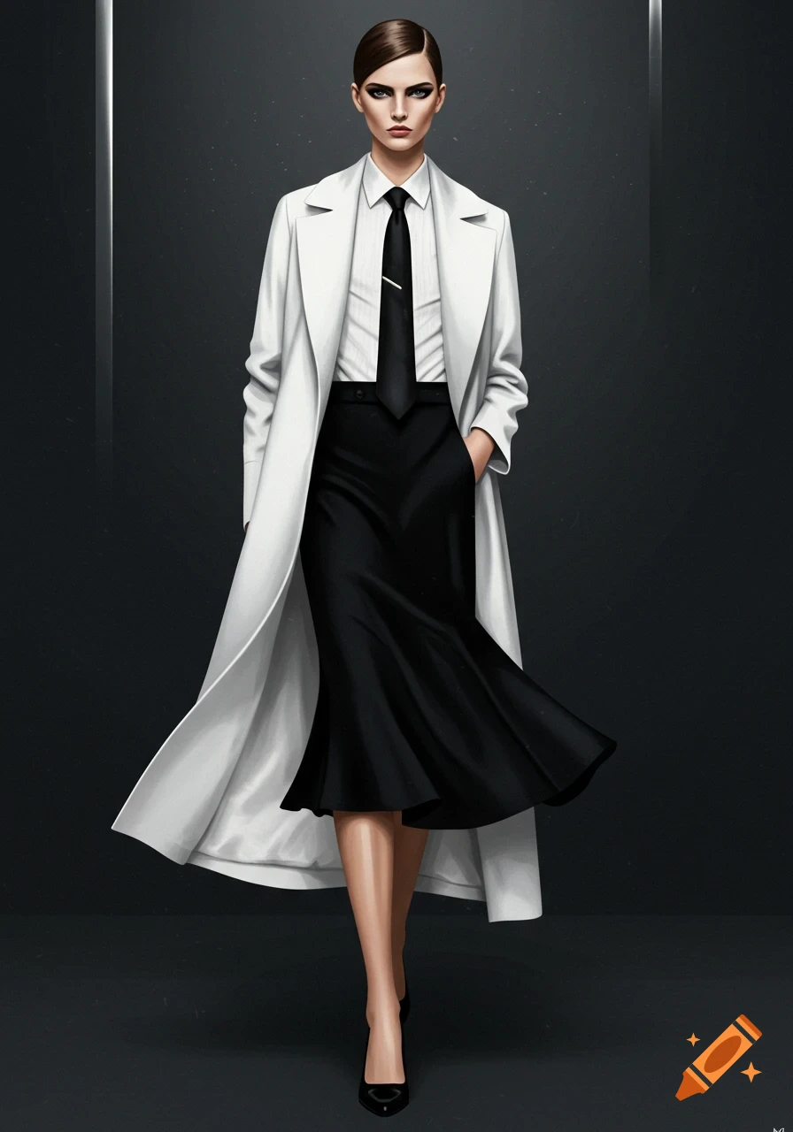 Stylized illustration of a woman in a white coat, black skirt, white blouse, and black tie.