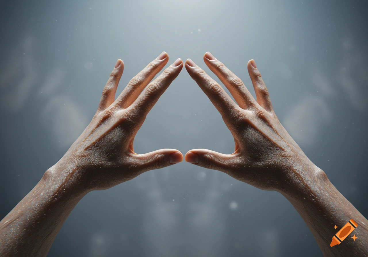 Two hands with pronounced veins and textured skin, forming a triangle against a gradient gray background with light particles.