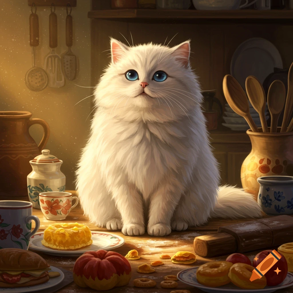 Fluffy white cat with blue eyes on a wooden kitchen counter, surrounded by food and pottery, illustrative style.