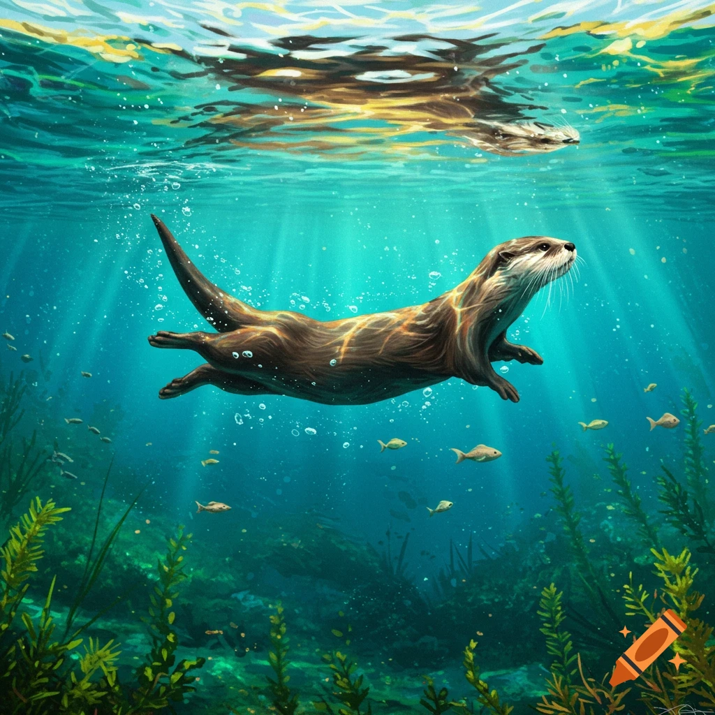 An illustrative painting of a brown otter swimming gracefully underwater amidst sunlight rays, small fish, and green plants.