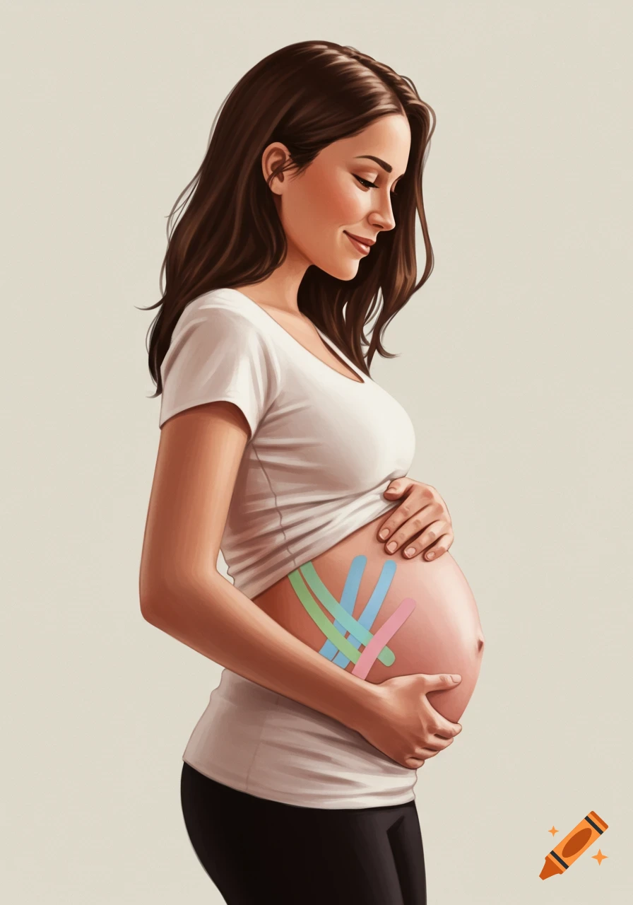 Digital illustration of a pregnant woman in profile, gently holding her belly with colorful kinesiology tape.