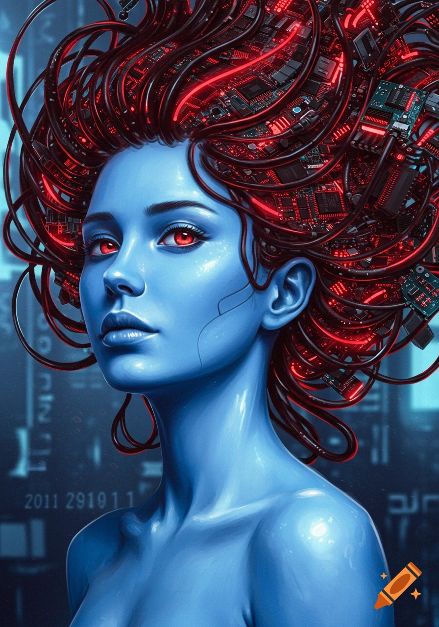 Blue-tinted woman with glowing red circuit board hair and red eyes, against a digital sci-fi background, in a hyper-realistic painting style.