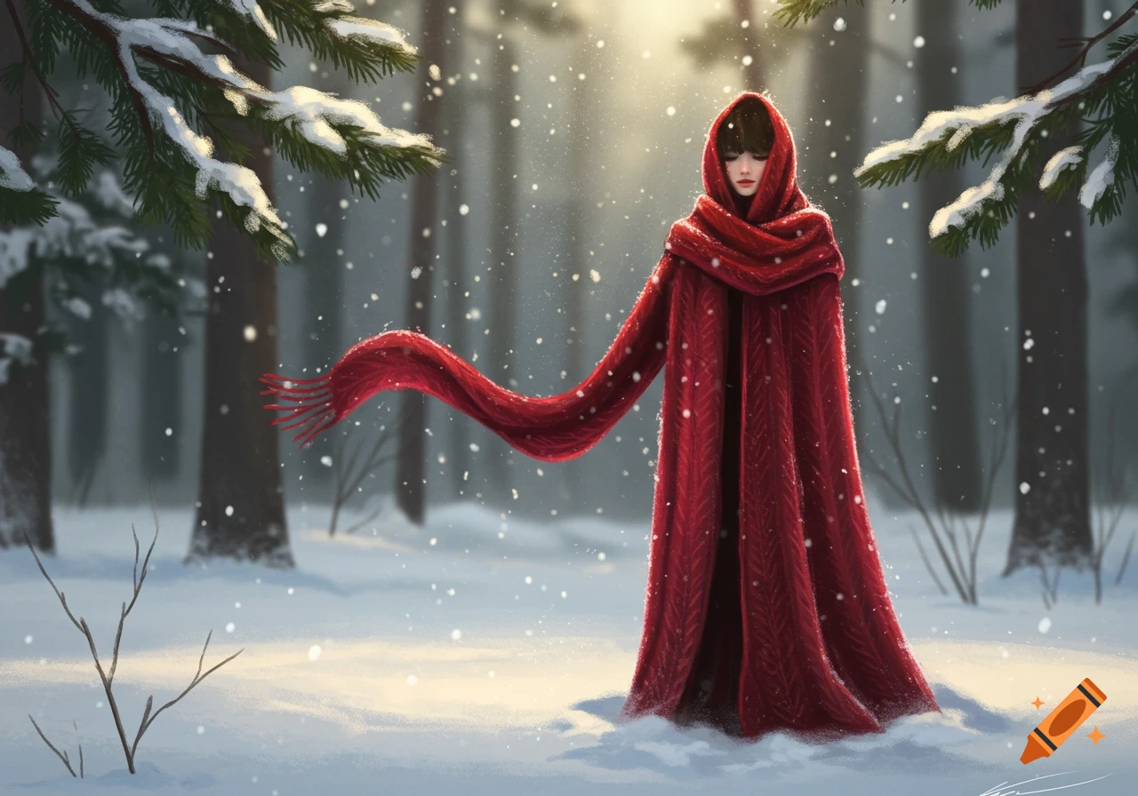 An illustration of a person in a long red cloak and flowing red scarf, standing in a snowy forest with pine trees.