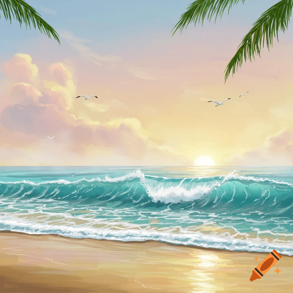 A vibrant illustration of ocean waves crashing on a sandy beach at sunset, with palm fronds at the top.