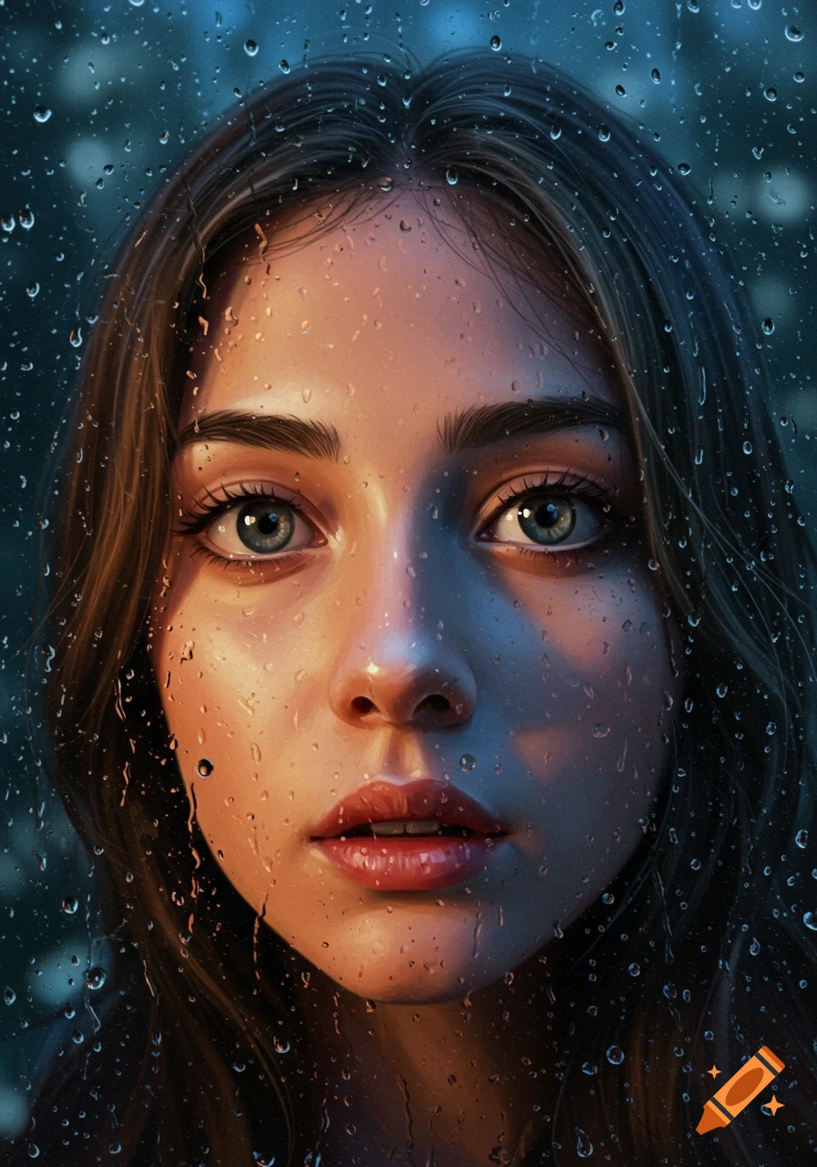 Close-up of a young woman's face with blue eyes through a rainy window, water droplets reflecting light, digital art.