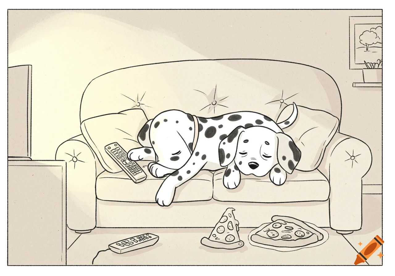A sleeping Dalmatian puppy on a couch with a remote on its paw, and pizza slices on the floor in front, in a line art cartoon style.