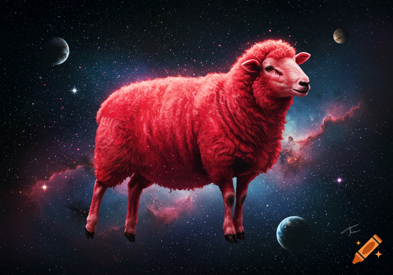 A fluffy red sheep floats in a star-filled galaxy with planets and colorful nebulae. Digital painting.