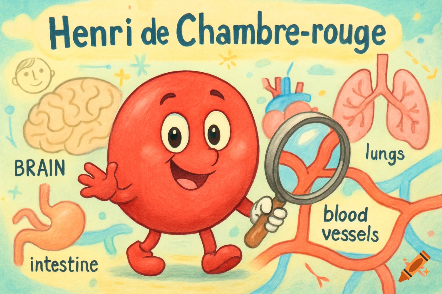 Cartoon red blood cell character holding a magnifying glass next to labeled human organs: brain, lungs, heart, intestine, blood vessels. Title: Henri de Chambre-rouge.