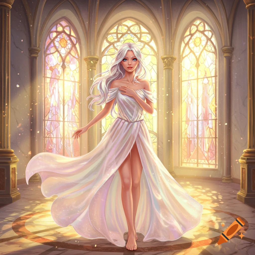 Elegant woman with long white hair in a flowing white dress, standing barefoot in a sunlit hall with stained glass, fantasy art.