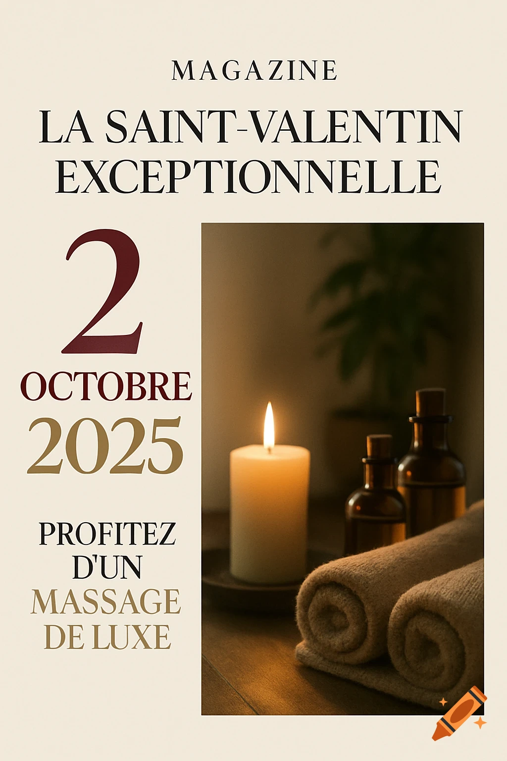 Magazine layout with text about Valentine's Day on Oct 2, 2025, offering a luxury massage, next to a lit candle, oil bottles, and rolled towels in a spa setting.