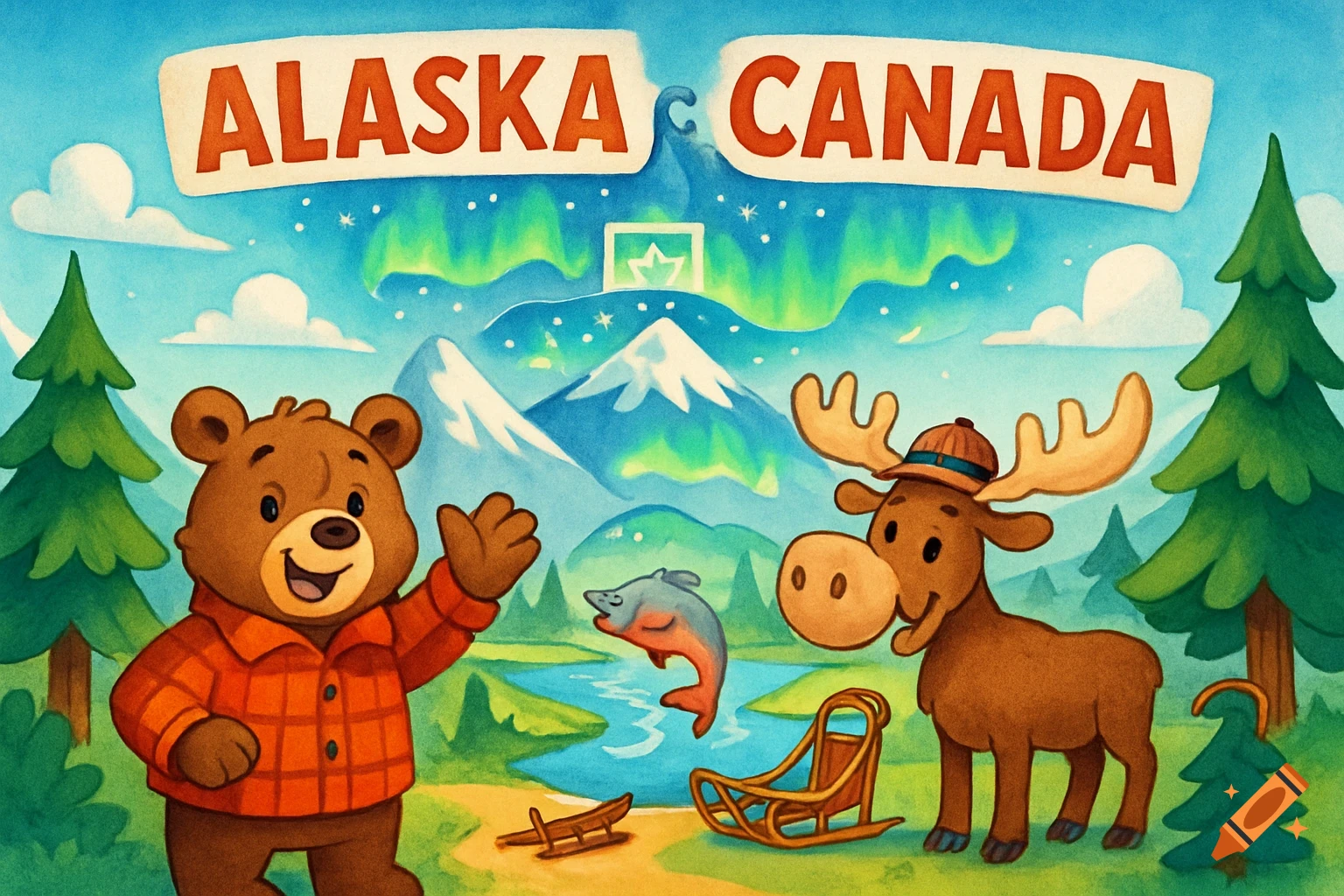 A cheerful cartoon bear and moose in a scenic Alaska/Canada landscape with mountains, northern lights, and text.