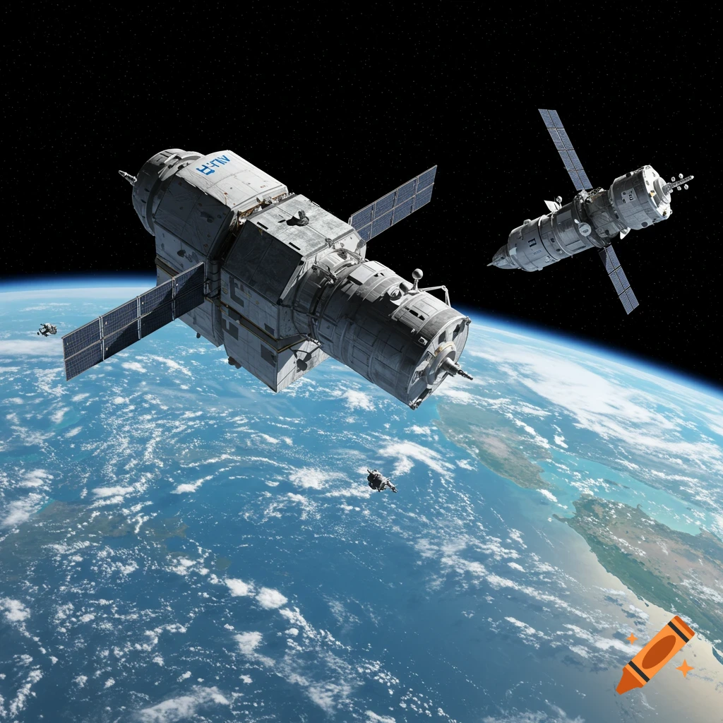 Photorealistic spacecraft with solar panels orbiting a cloud-covered Earth in deep space, with smaller craft nearby.