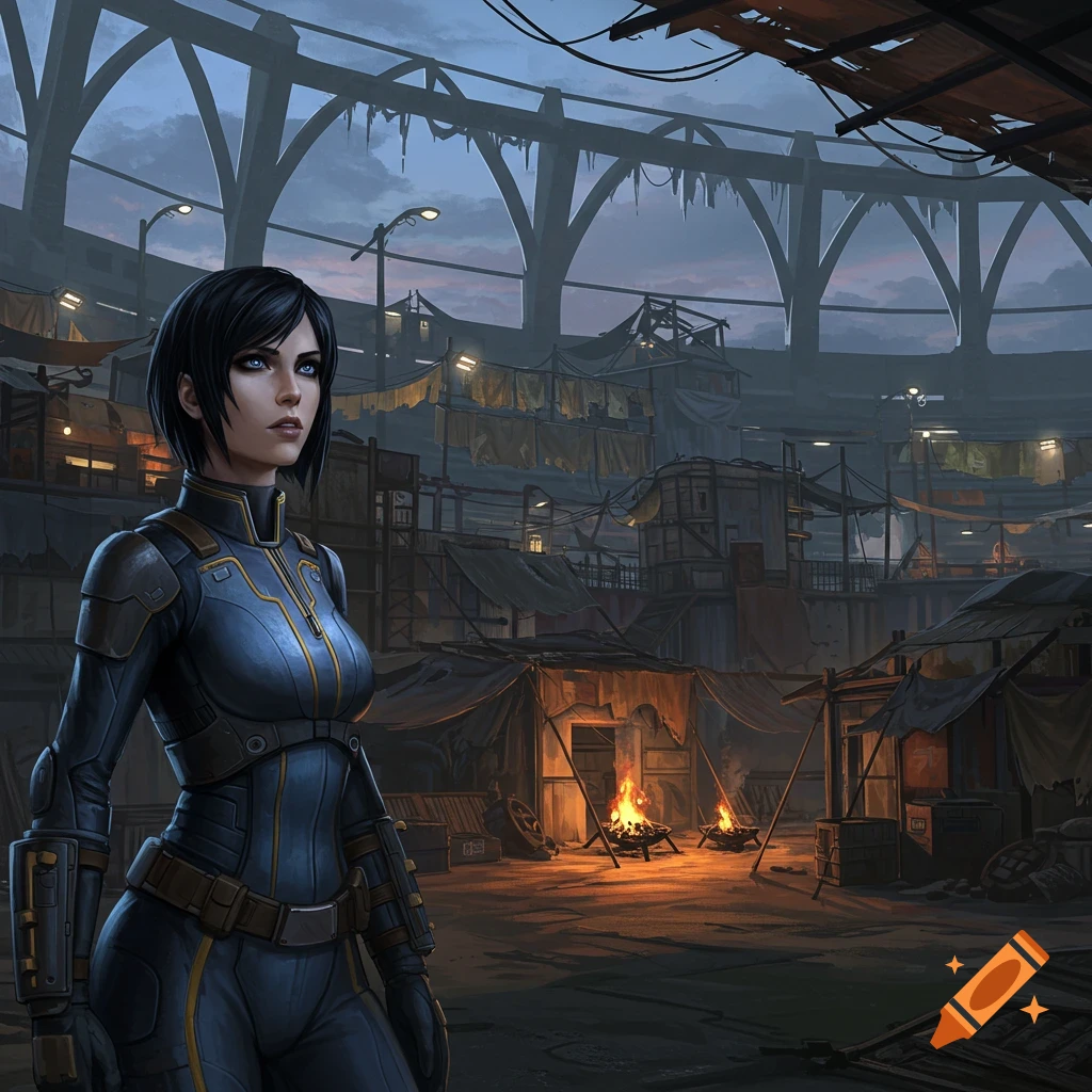 A dark-haired woman in a blue vault suit stands in a makeshift city built inside a ruined stadium at dusk.