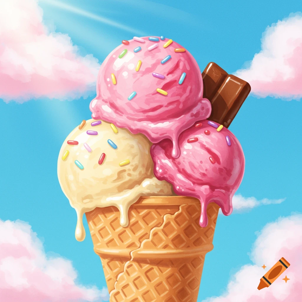 Three scoops of colorful ice cream with sprinkles and a chocolate bar in a waffle cone under a bright blue sky with pink clouds.