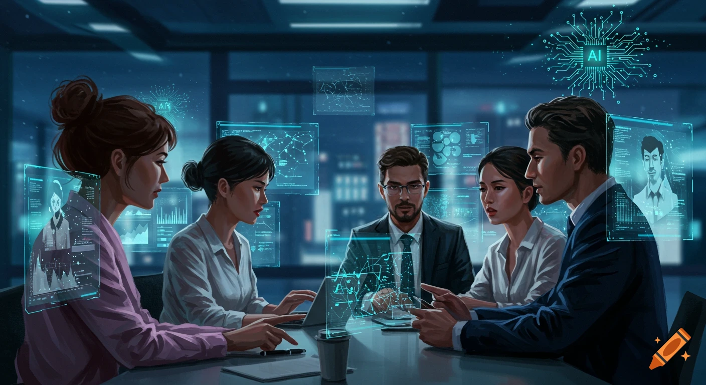 Group of professionals in a futuristic meeting, interacting with holographic screens and AI interfaces in a digital painting style.