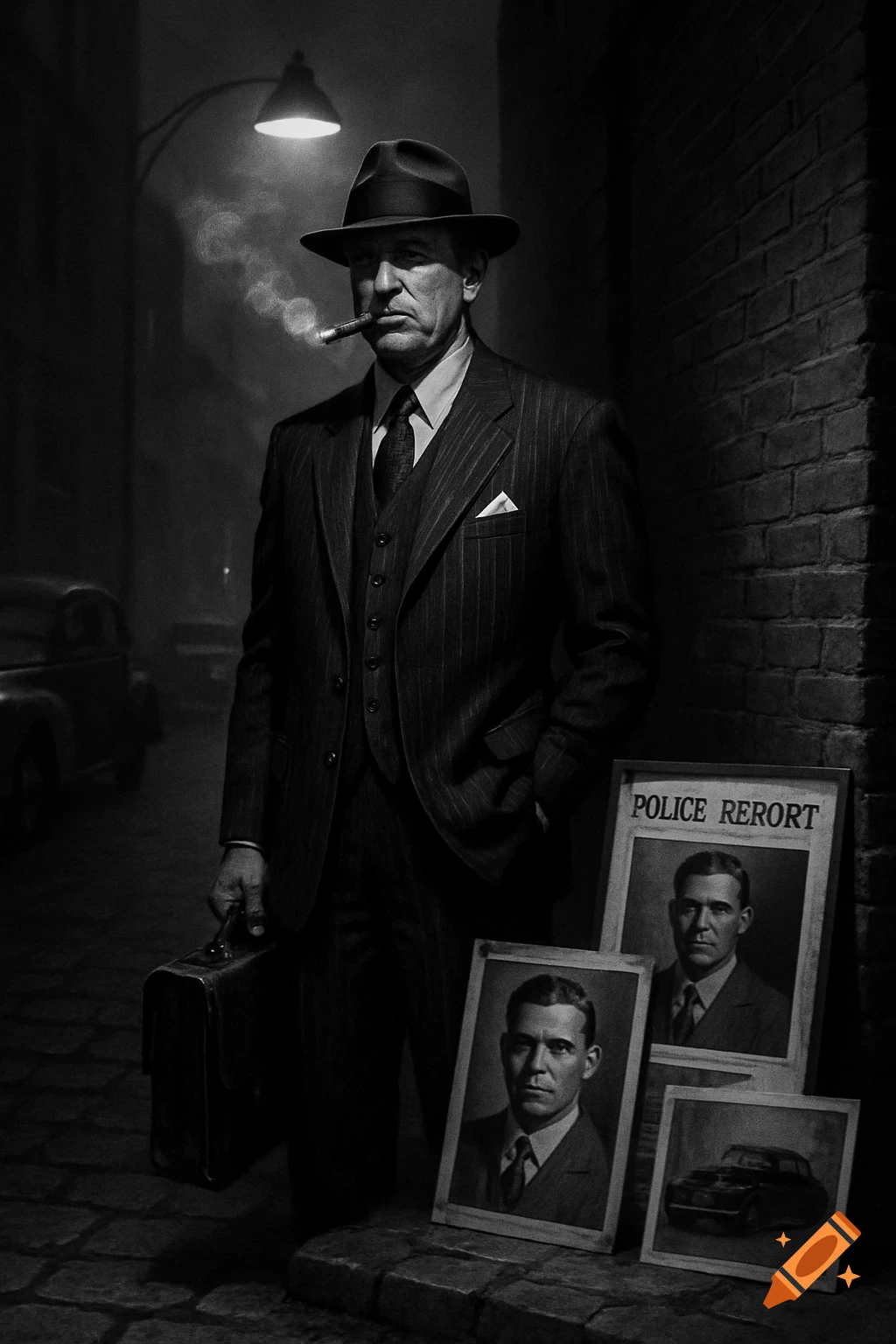 A man in a suit and fedora smokes a cigar in a dark alley, holding a briefcase, with framed police photos nearby in a black and white film noir style.