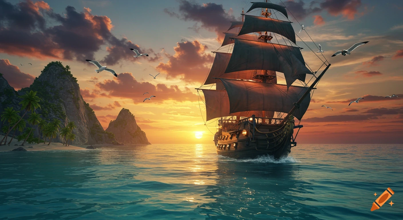 A majestic pirate ship sails past a tropical island at sunset, with seagulls flying overhead.