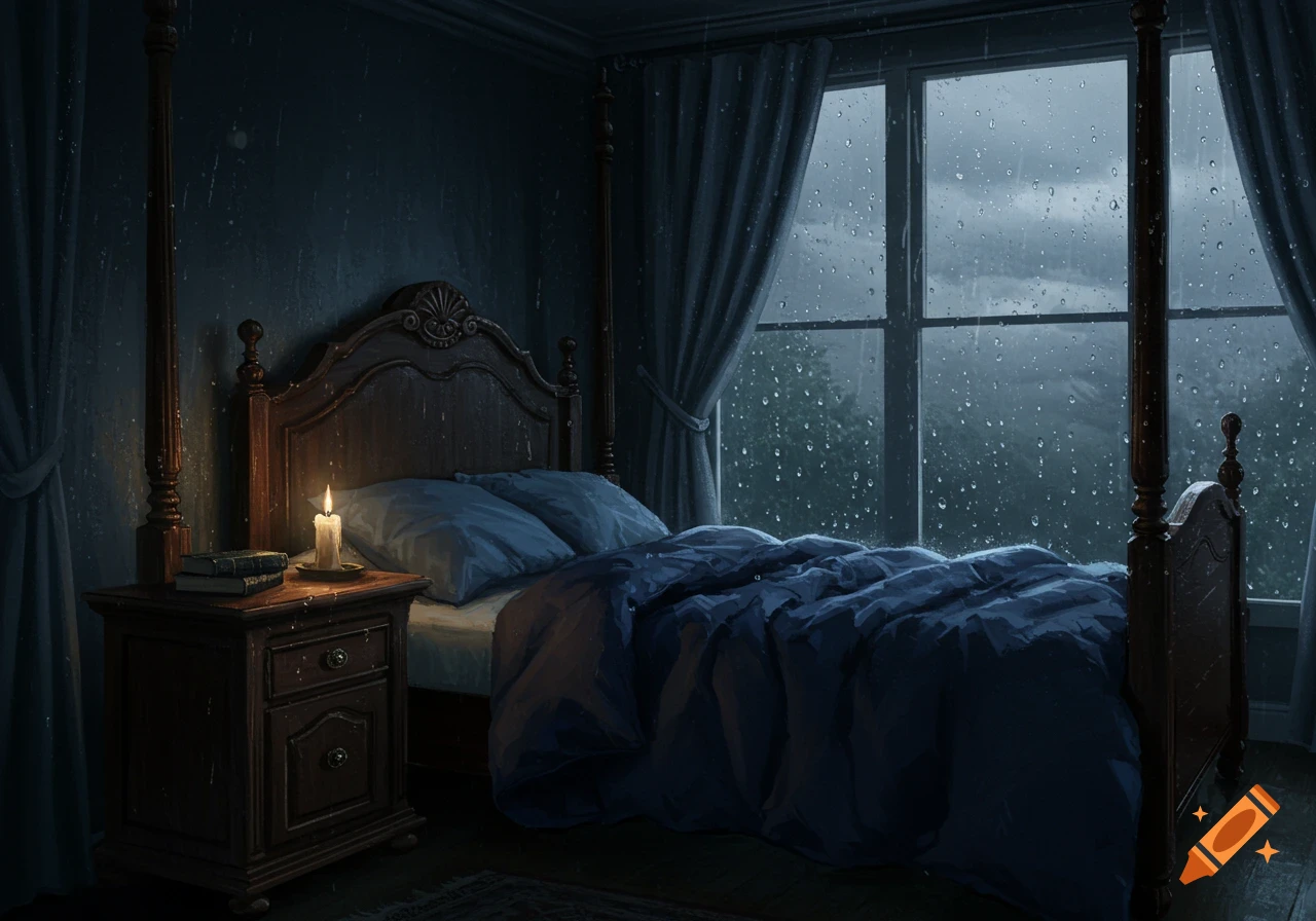 A cozy, dark bedroom with a lit candle on a nightstand, and rain falling outside a large window.
