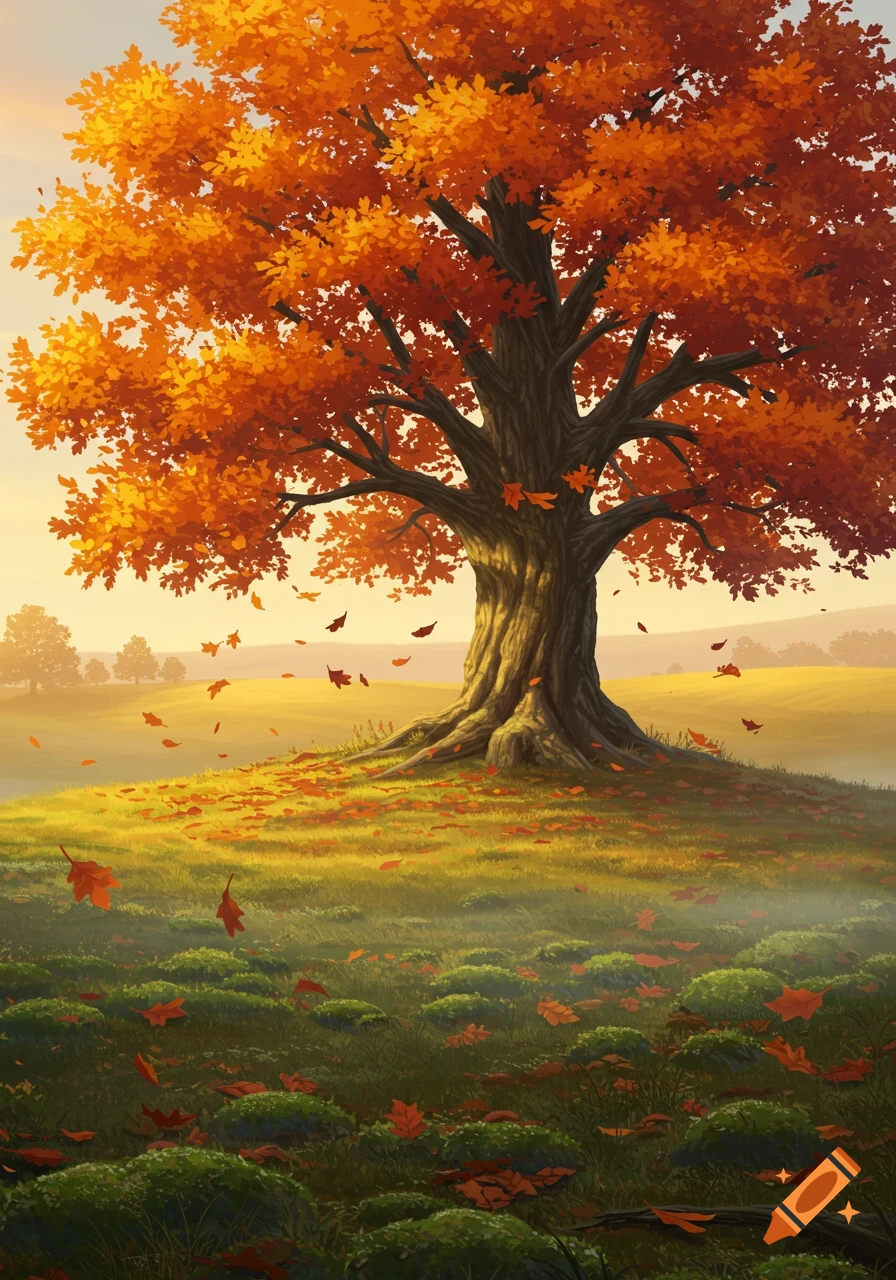 A vibrant illustration of a majestic autumn tree with bright orange and red leaves falling onto a grassy hill.