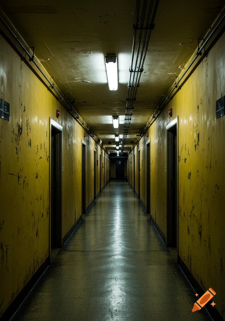 A long, dark, yellow hallway with many doors on both sides, illuminated by fluorescent ceiling lights, creating an eerie atmosphere.
