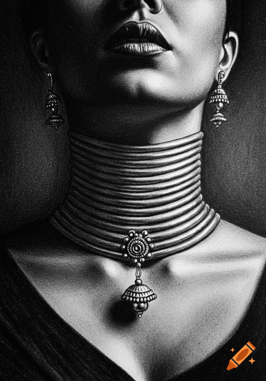 Close-up charcoal drawing of a woman's neck, mouth, and chest, adorned with a large, multi-ringed metal neckpiece and matching earrings.