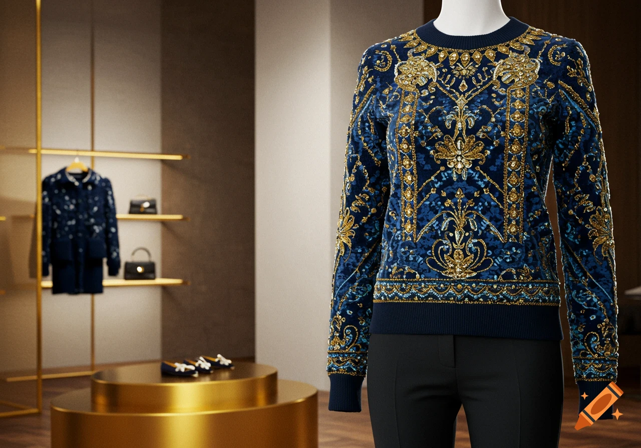 Close-up of a luxurious navy blue sweater with intricate gold and blue beaded patterns on a mannequin in a high-end retail store.