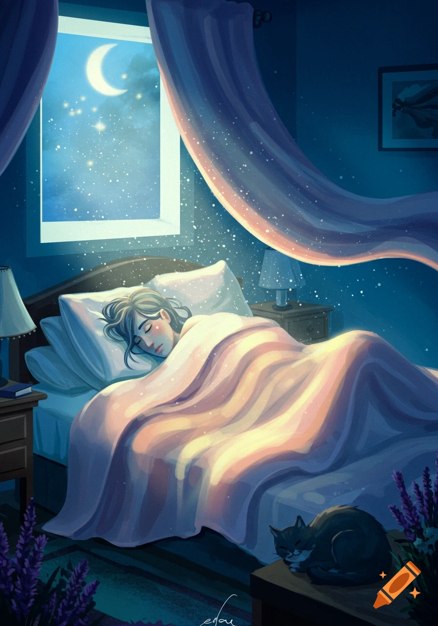 An illustration of a person sleeping in a cozy bedroom with a cat and moonlight streaming through a window, sparkling dust in the air.