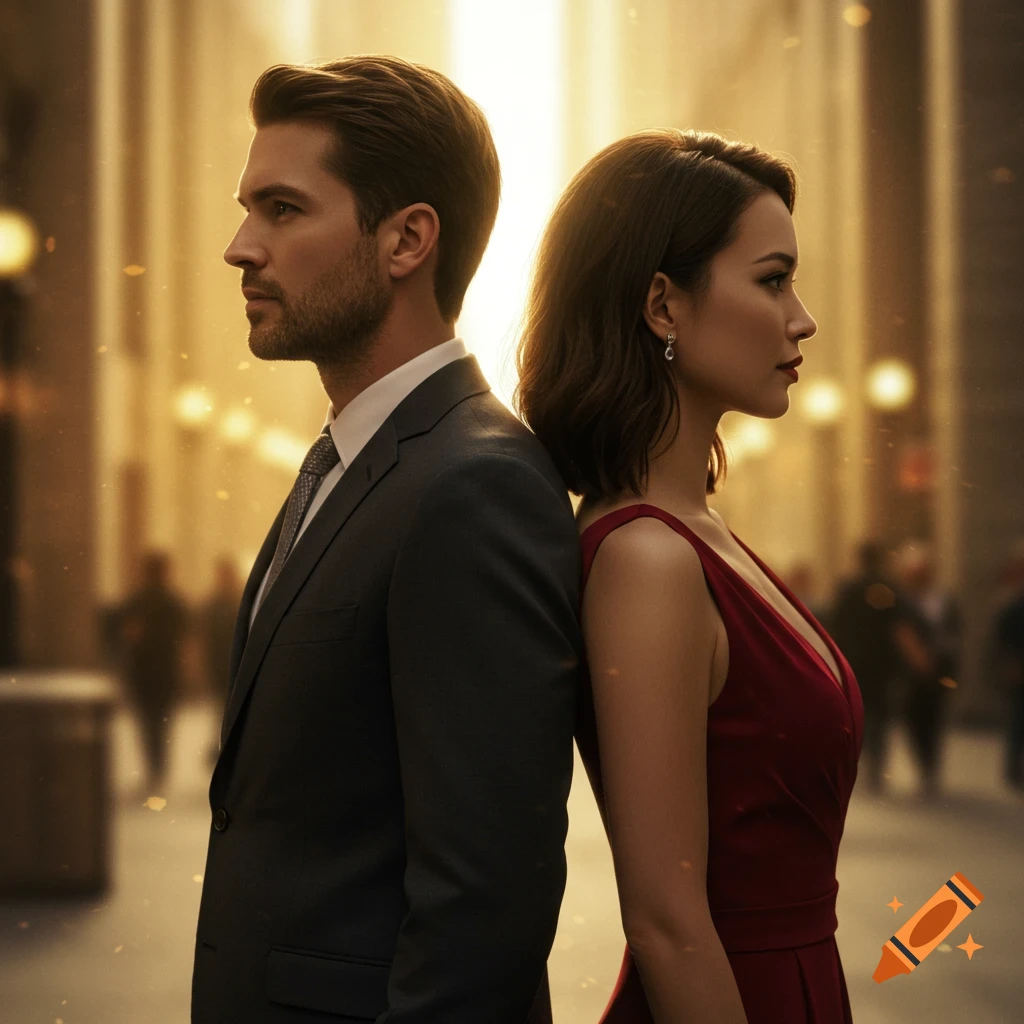 Man in suit and woman in red dress stand back to back in a warm, bokeh-lit urban setting.