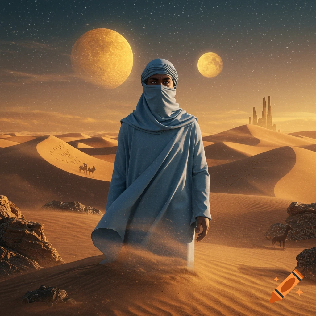 A robed figure with a veiled face stands in a vast alien desert under two large moons and a starry sky.